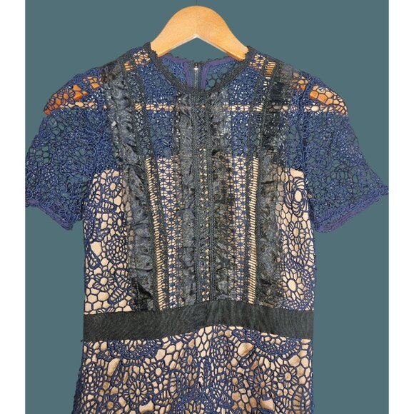 Aqua Floral Crochet Lace Feminine Chic Boho Navy/Black Lined Dress Women XS - Picture 11 of 14